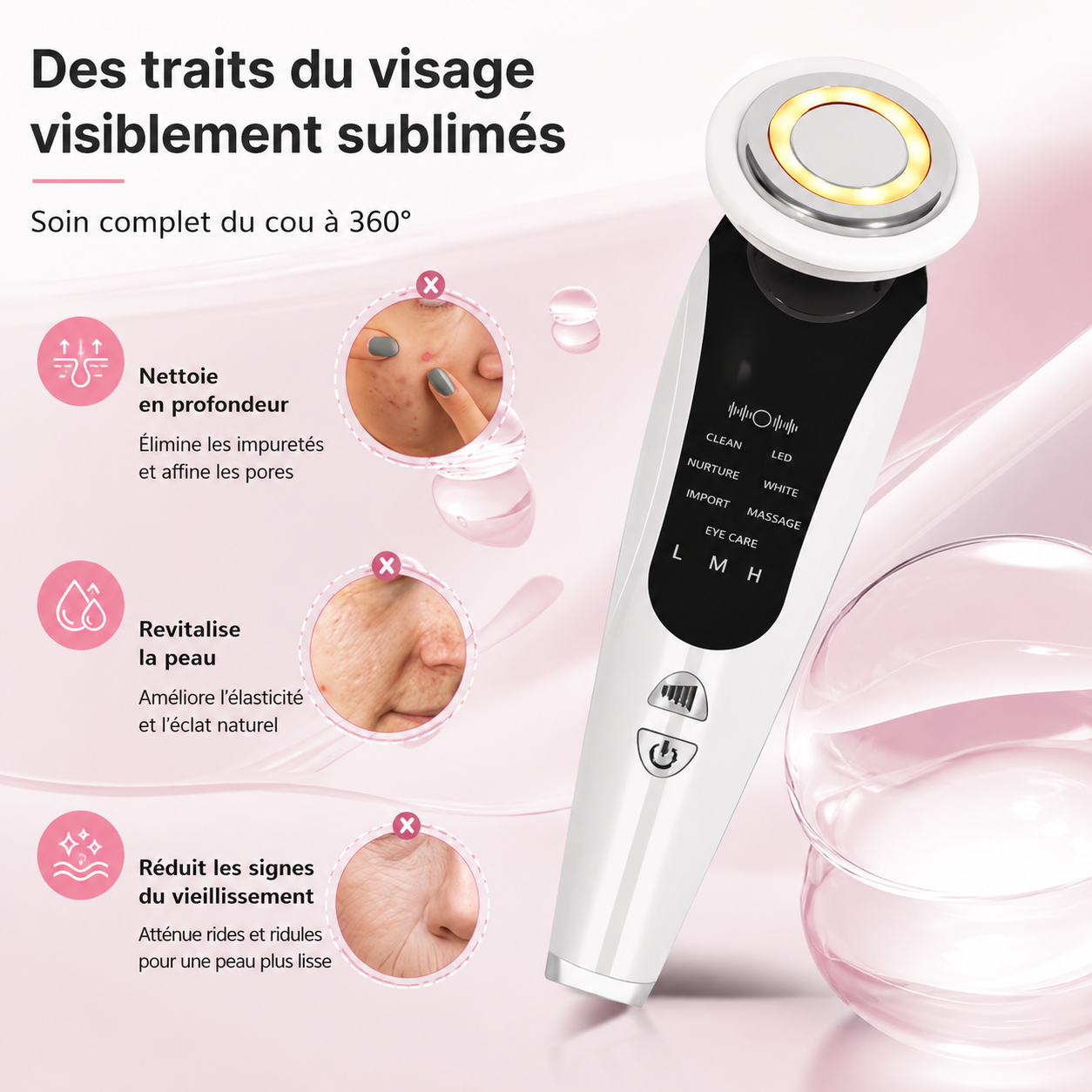 Appareil Soin Visage 6-en-1 | LED, EMS, Massage & Nettoyage Ionique